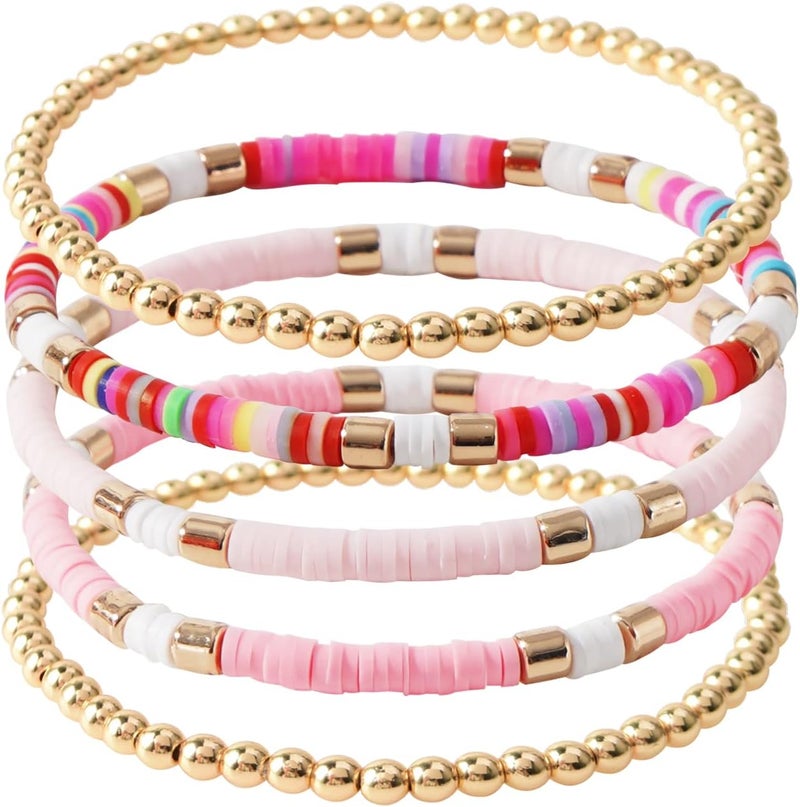 GOOJIDS Surfer Heishi Clay Bead Bracelets for Women Bohemian Stackable Gold Plated Beaded Stretch Bracelets Elastic Layering Friendship Bracelets Set Boho Jewelry - Image 1